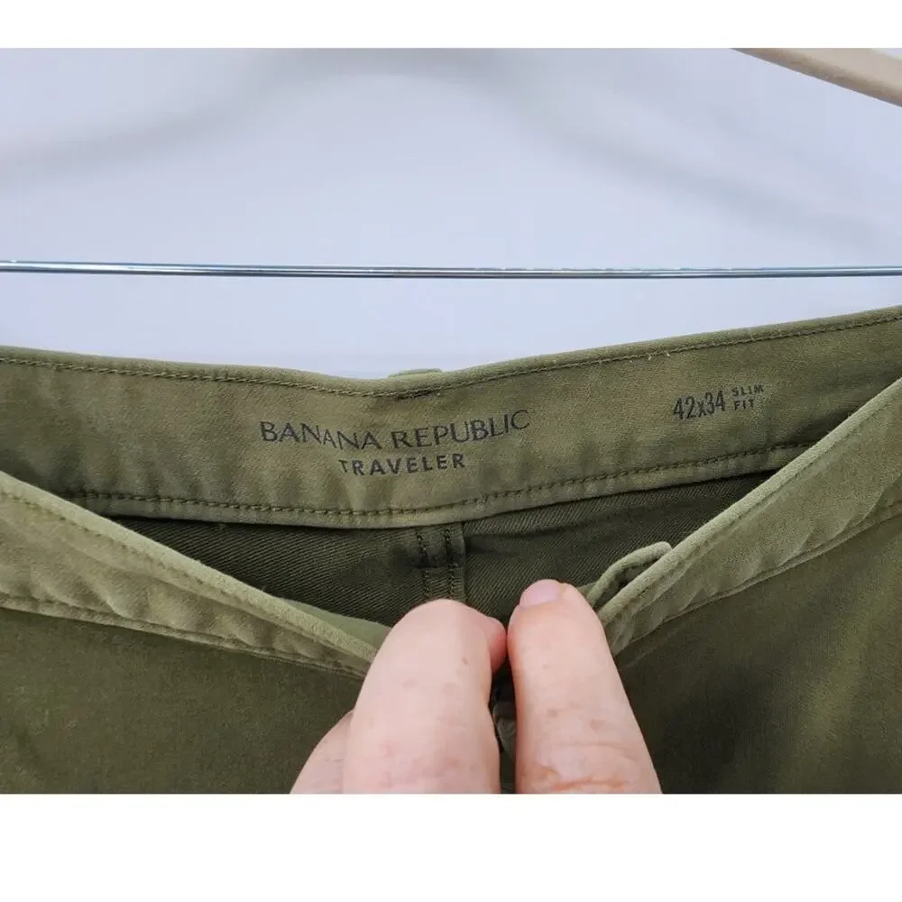 New Banana Republic Traveler Organic Cotton Pants Size 42 X 34 Slim Fit Green‎
